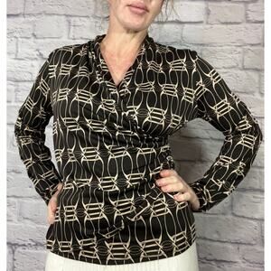 Vintage Y2K Prima Bella Chain Pattern Poly Knit Surplice Blouse in Brown & Cream